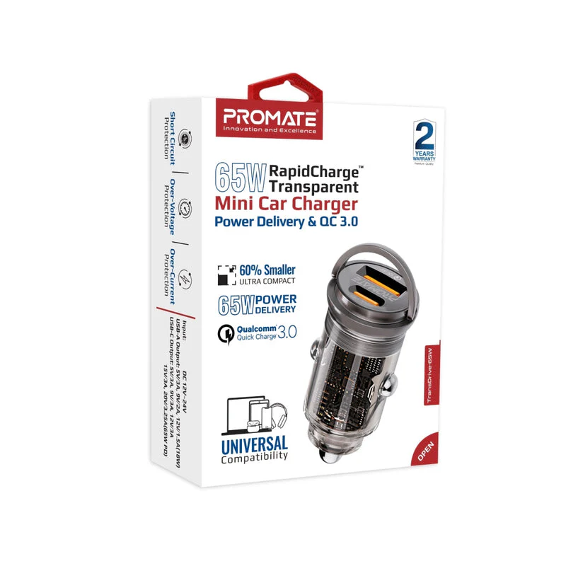 Promate TransDrive-65W 65W RapidCharge Transparent Mini Car Charger with Power Delivery & QC 3.0 - Image 11