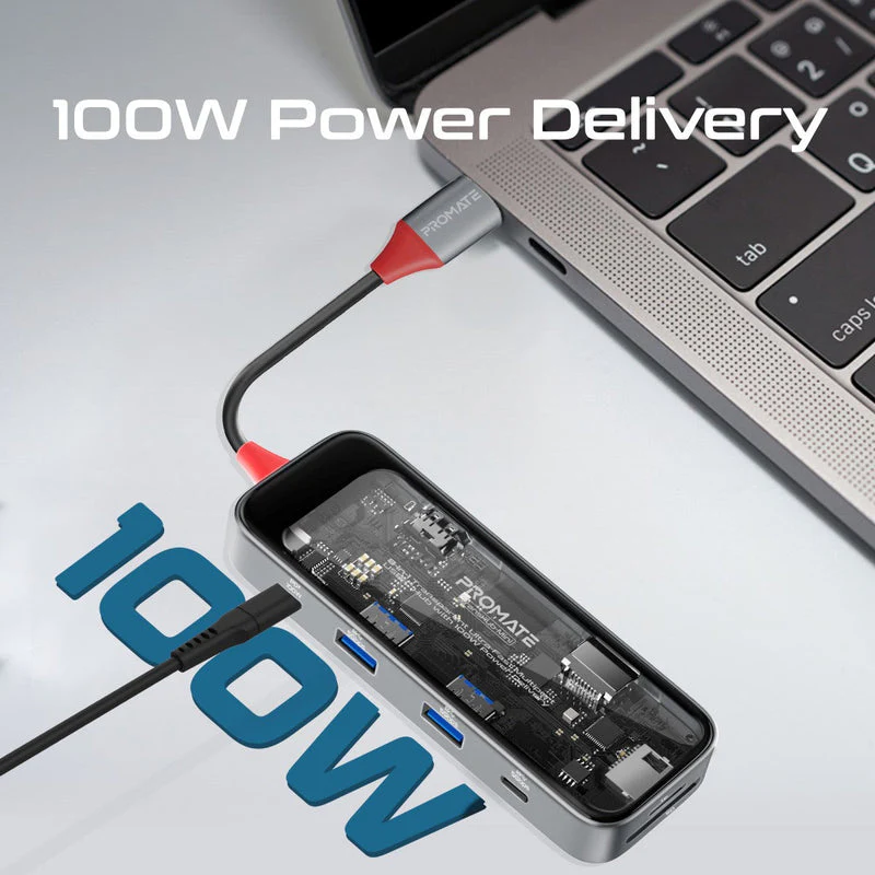 Promate TransHub-Mini 8-in 1 Transparent Ultra-Fast Multiport USB-C Hub with 100W Power Delivery - Image 5