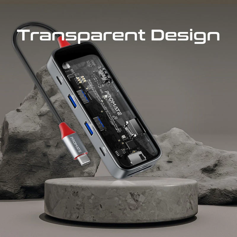 Promate TransHub-Mini 8-in 1 Transparent Ultra-Fast Multiport USB-C Hub with 100W Power Delivery - Image 7