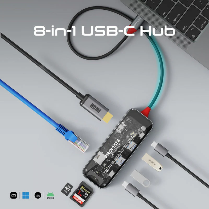 Promate TransHub-Mini 8-in 1 Transparent Ultra-Fast Multiport USB-C Hub with 100W Power Delivery - Image 8