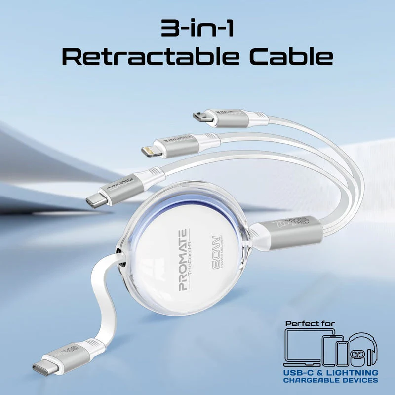 Promate TrioCord-R 3-in-1 110cm USB-C & Lightning Ultra-Fast Retractable Multi-Connector Cable (White) - Image 2