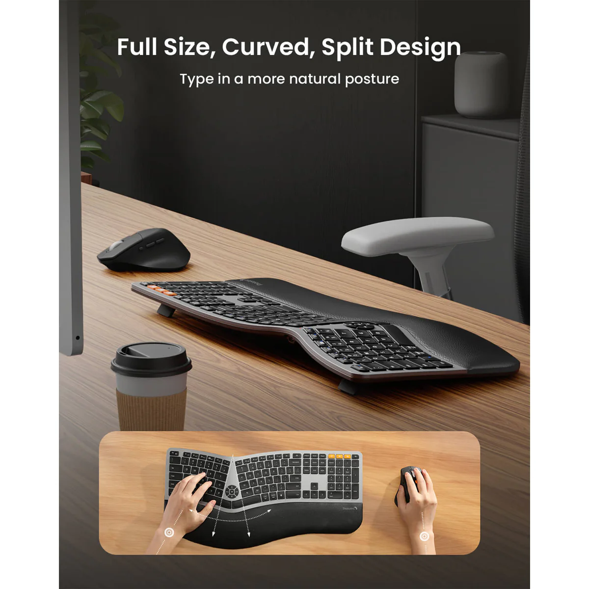 ProtoArc EKM01 Plus Dual Mode Full Size Ergonomic Keyboard Mouse Combo (Black) (CP013399) - Image 2