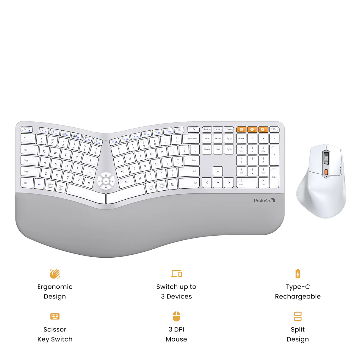 ProtoArc EKM01 Plus Dual Mode Full Size Ergonomic Keyboard Mouse Combo (White/Silver) (CP015758)