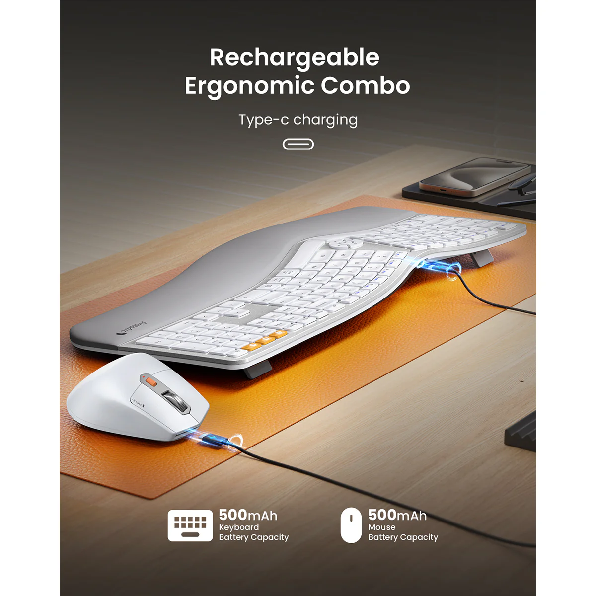 ProtoArc EKM01 Plus Dual Mode Full Size Ergonomic Keyboard Mouse Combo (White/Silver) (CP015758) - Image 6