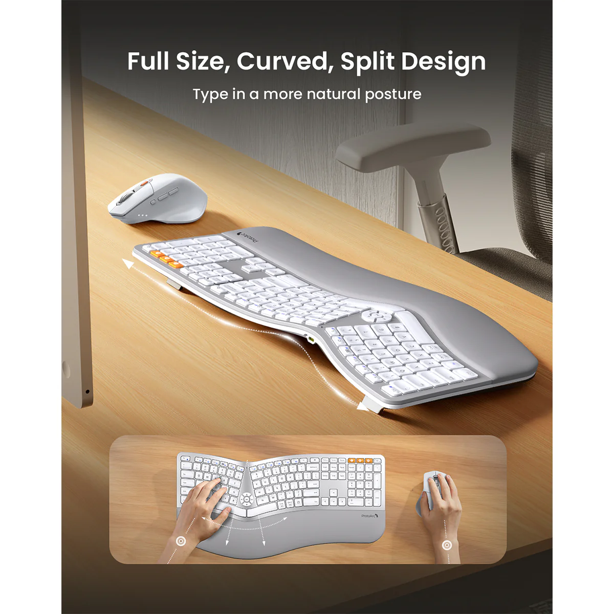 ProtoArc EKM01 Plus Dual Mode Full Size Ergonomic Keyboard Mouse Combo (White/Silver) (CP015758) - Image 8