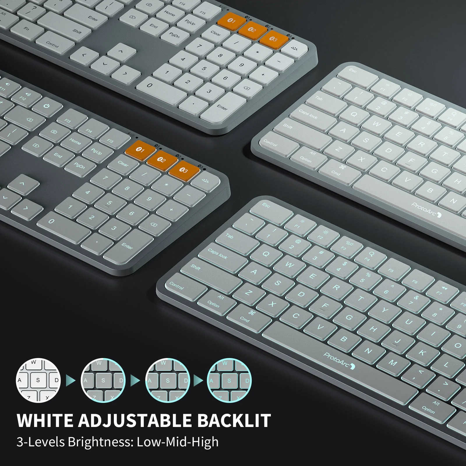 ProtoArc KM100-A Bluetooth Triple Channel Ultra-Slim Backlit Keyboard and Mouse Combo (White/Silver) (CP012798) - Image 6