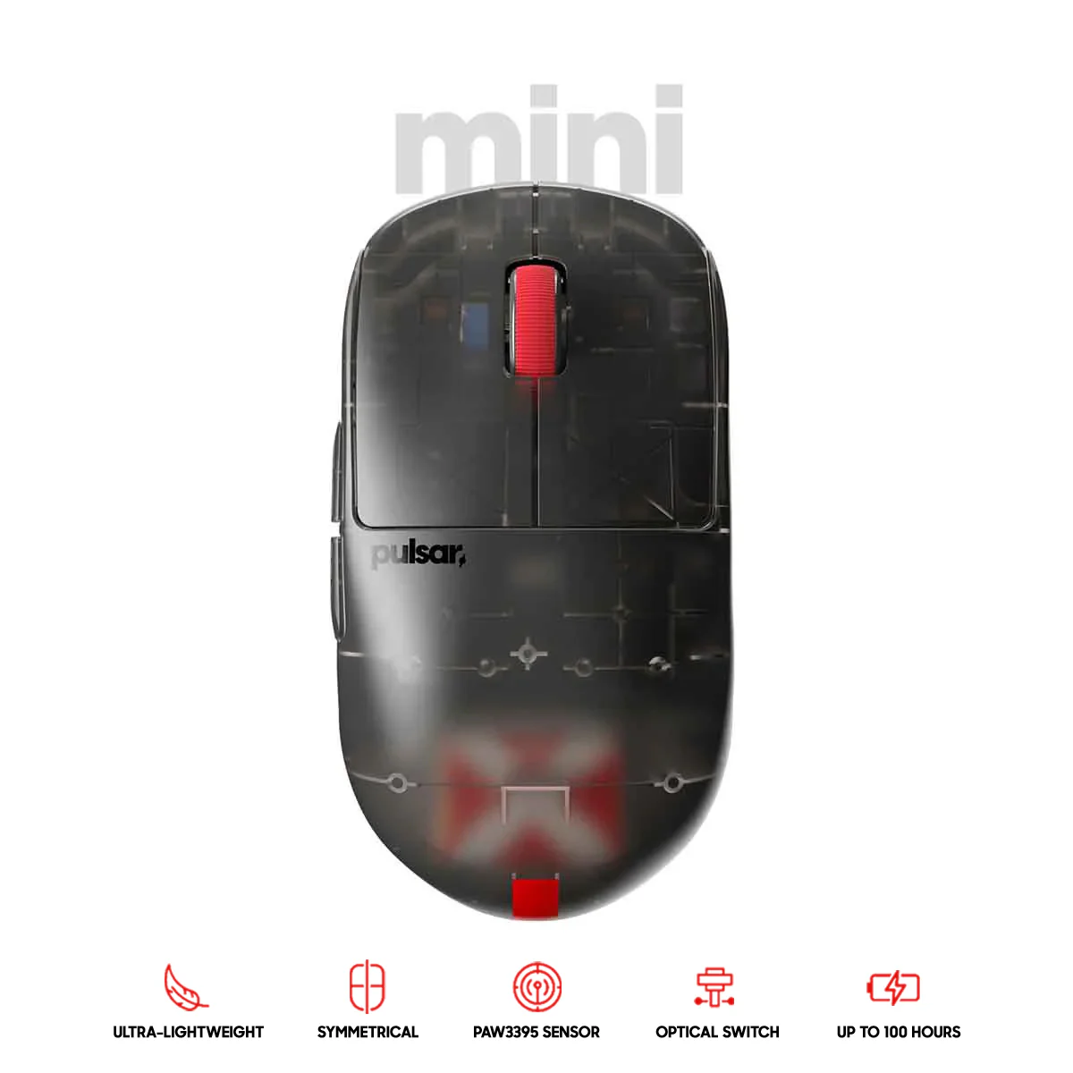 Pulsar X2H Mini Symmetrical Ultralight Wireless Gaming Mouse Clear Black Limited Ed. Size 1 (PX2H1CB)