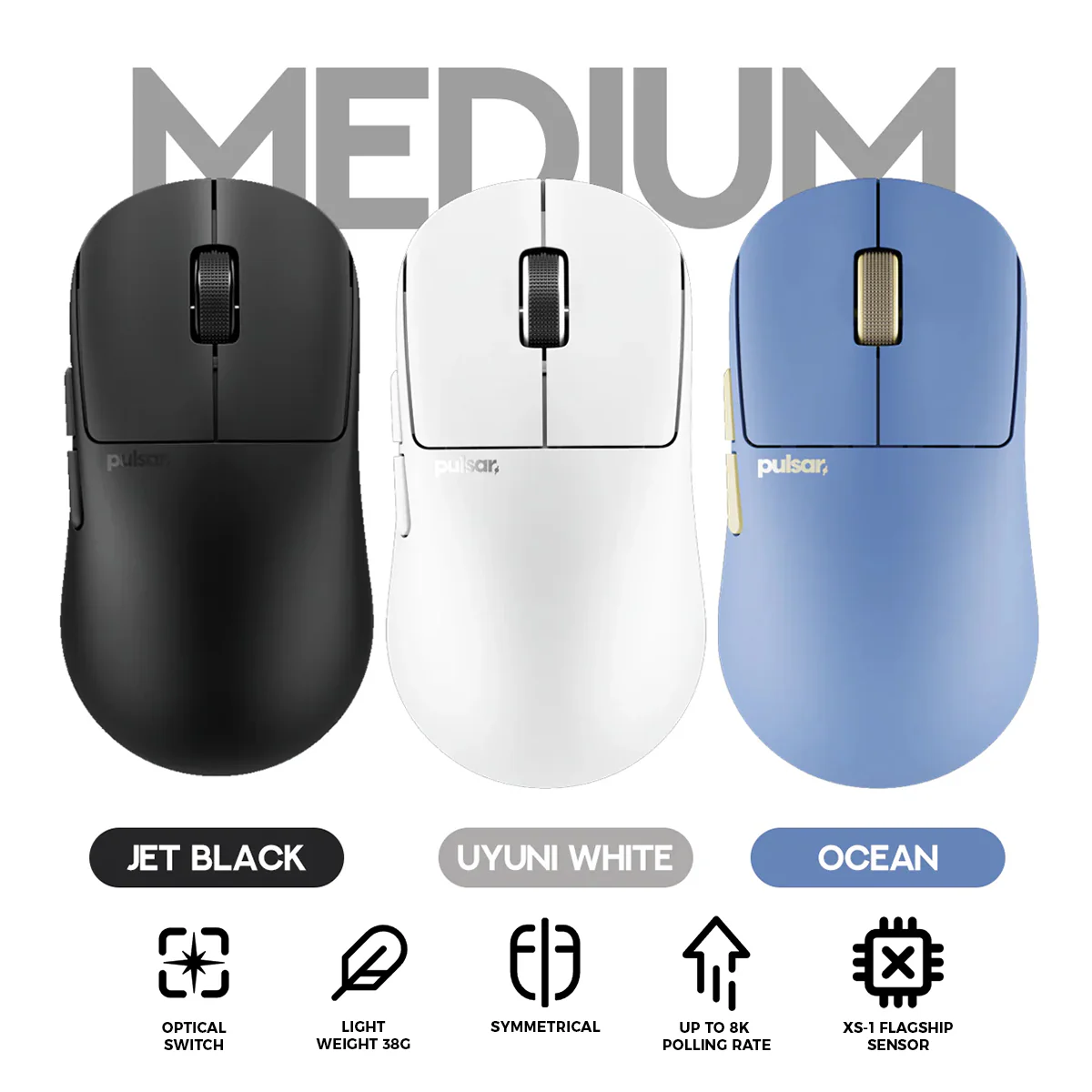 Pulsar X2N CrazyLight 8K Polling Rate eSports Gaming Mouse Size 2 (Jet Black, Uyuni White, Ocean)