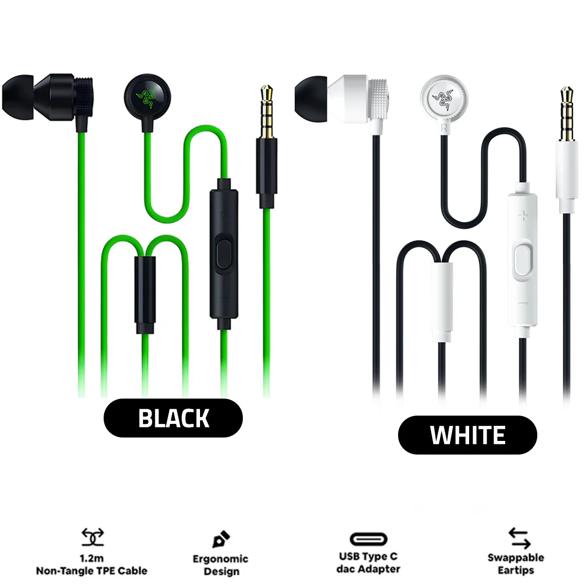 Razer Hammerhead V3 Universal Wired Earbuds for Gaming (Black, White)