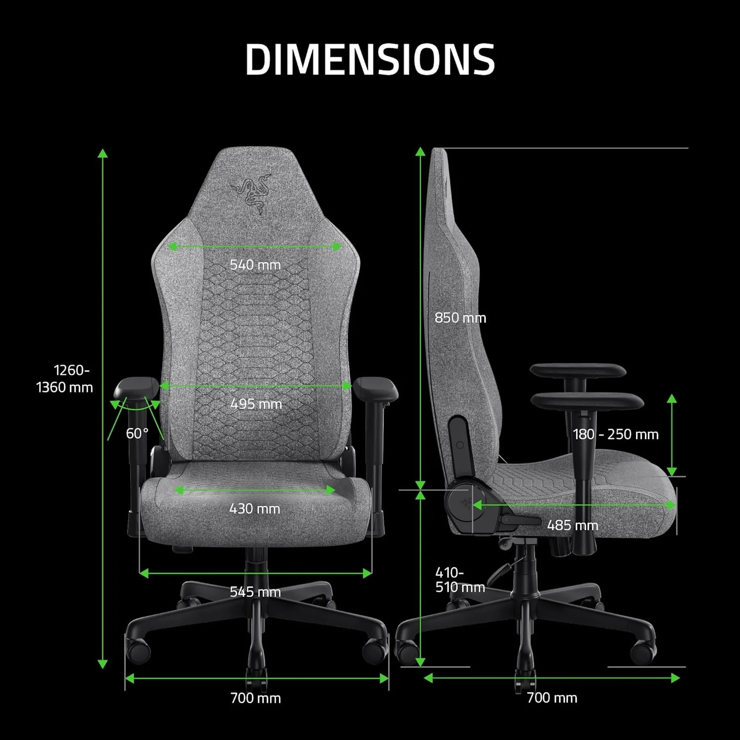 Razer Iskur V2 X Fabric Essential Gaming Chair with Built-in Lumbar Support (Black/Green, Light Gray) - Image 8