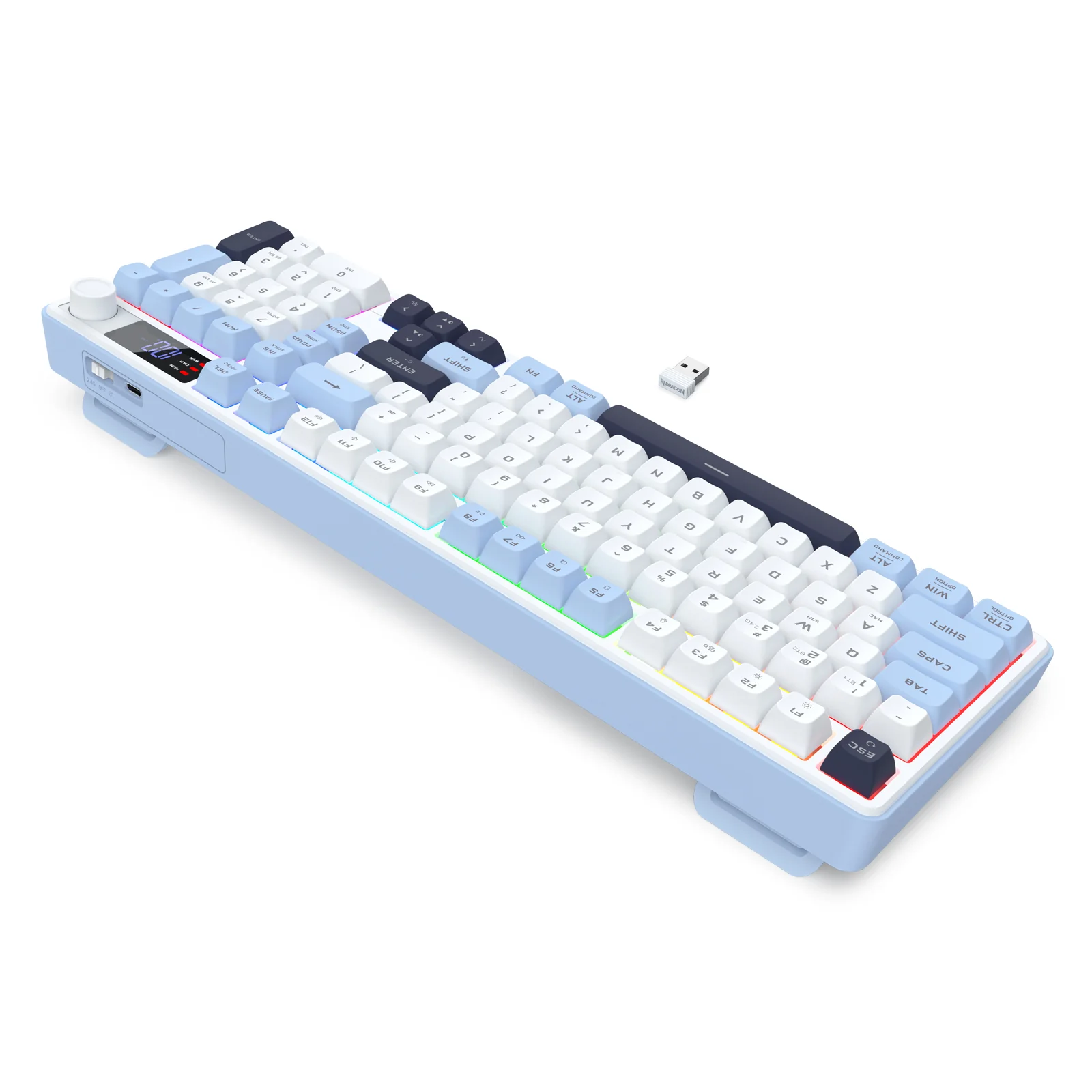 Redragon Aria Pro K527WBL Tri-Mode Ultra-Quiet Membrane RGB Keyboard with LCD Display & Knob Control (White/Blue) - Image 13