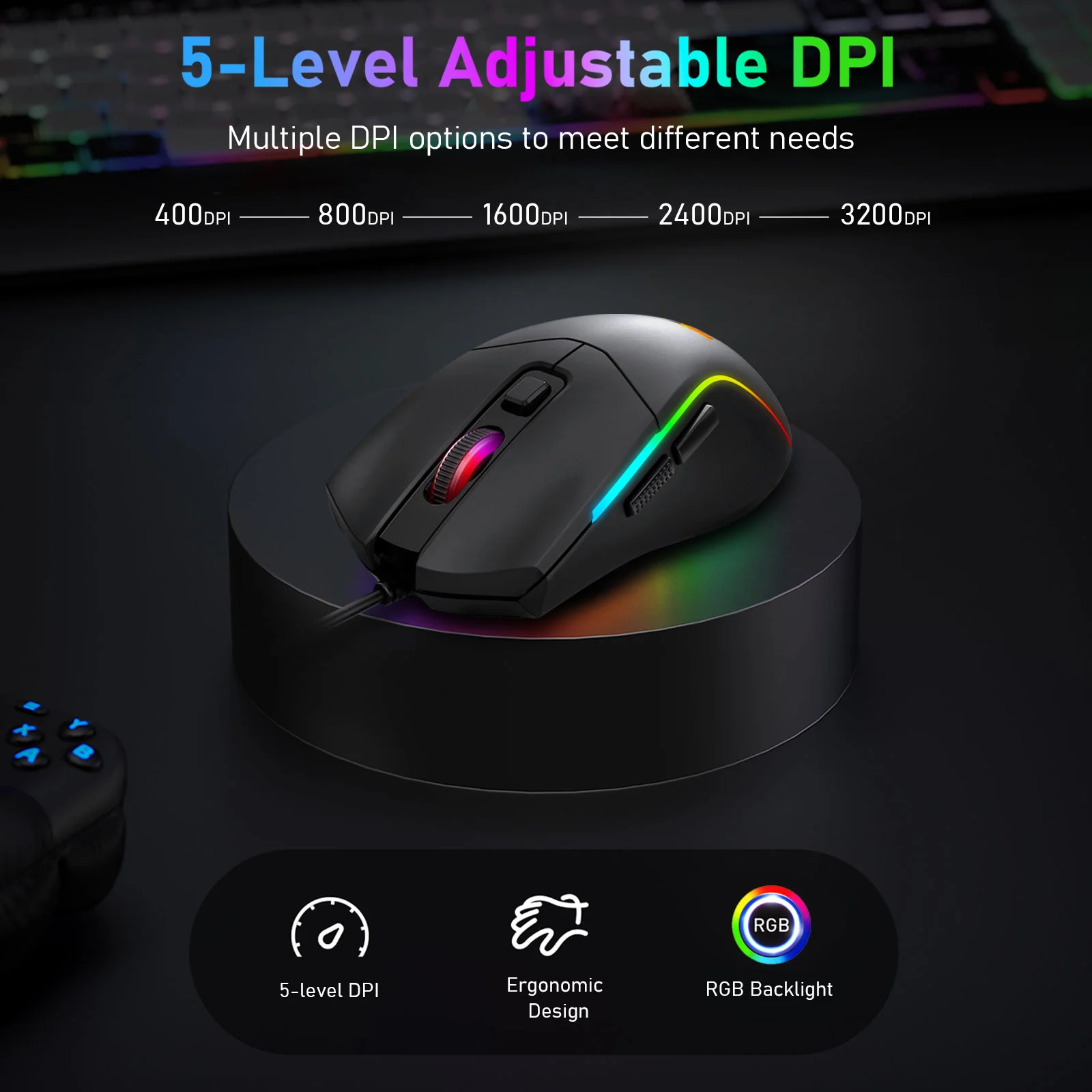 Redragon Bat M731 RGB 10000DPI Wired Gaming Mouse (Black) - Image 5