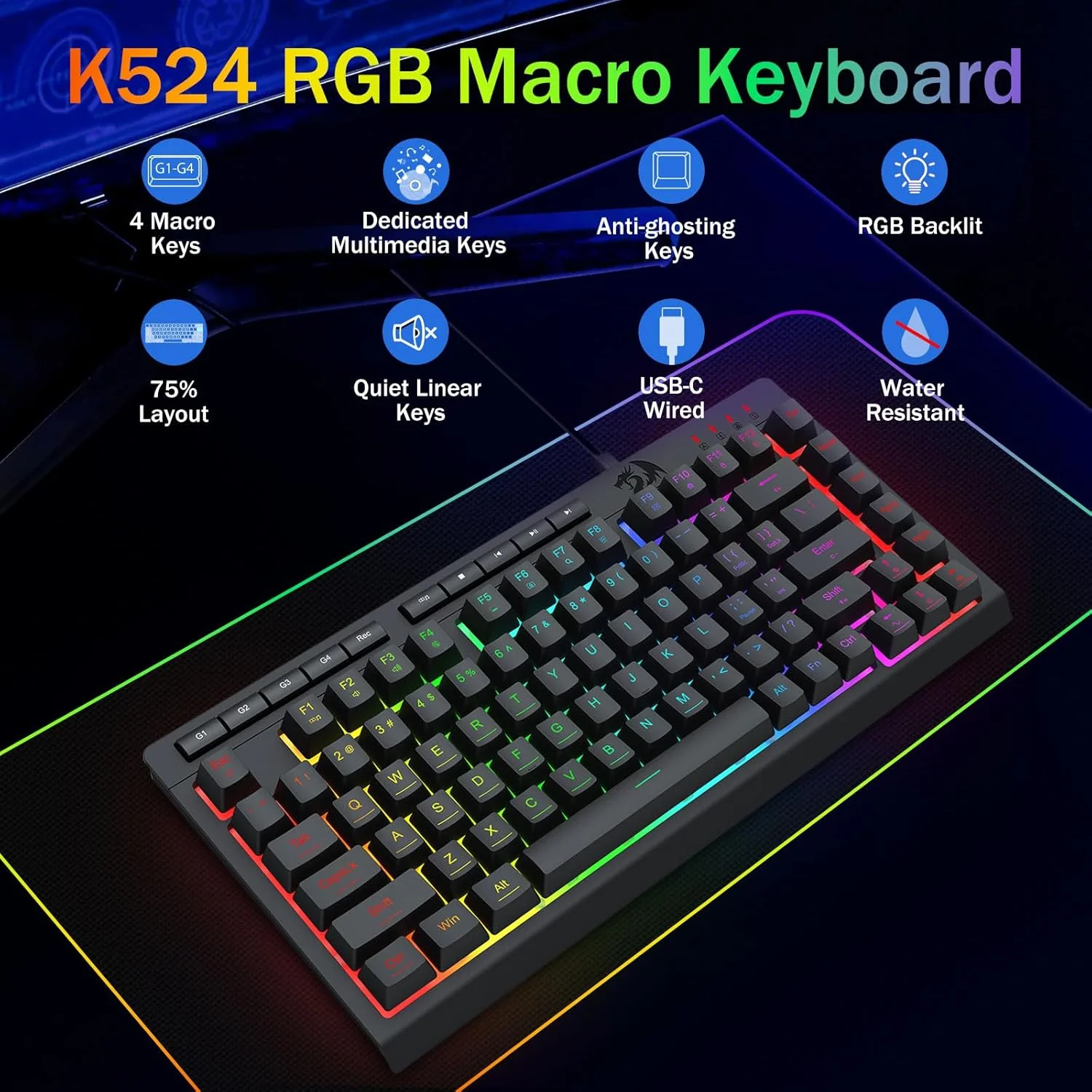 Redragon Crescent K524-RGB 75% Wired Gaming Keyboard With Macro Keys - Image 6