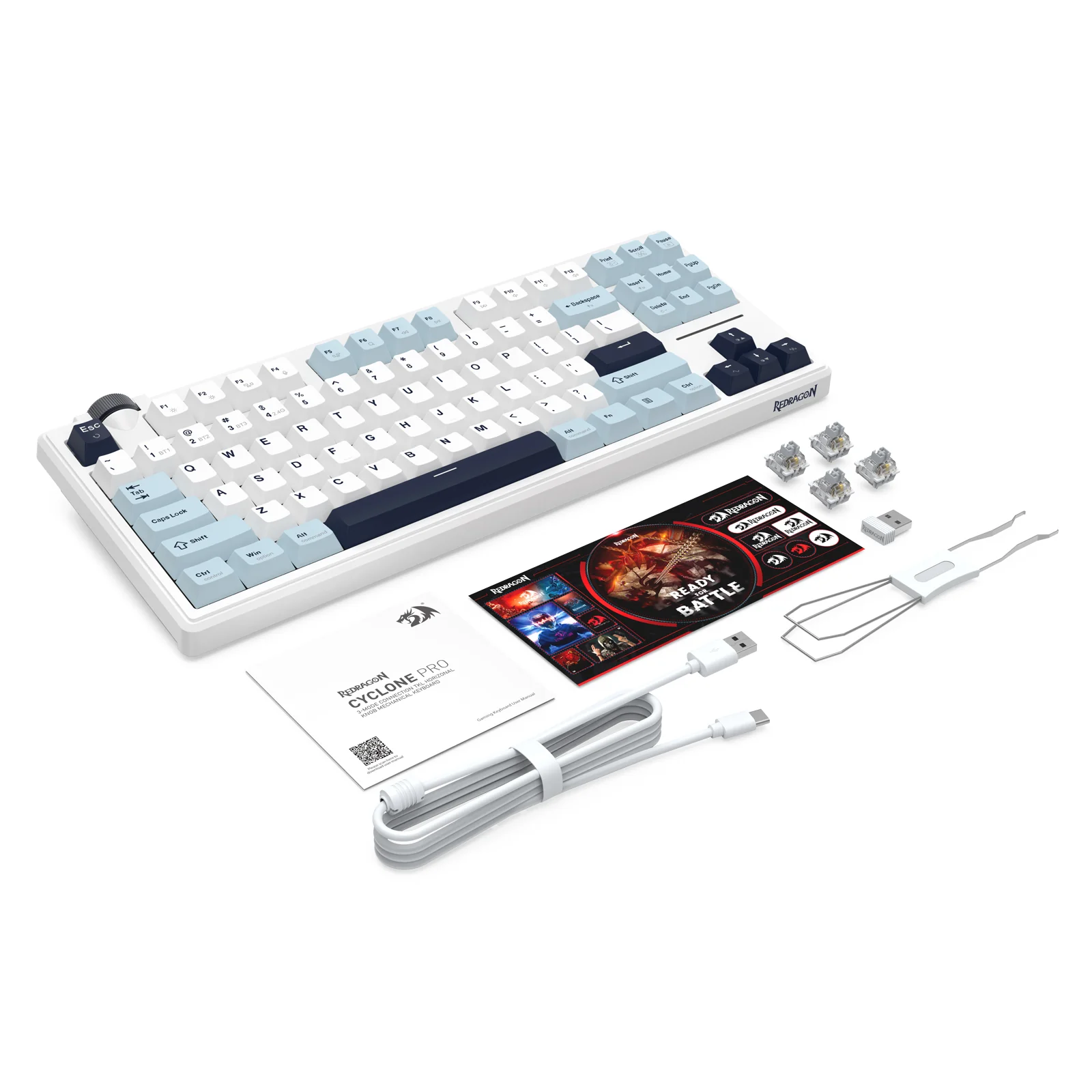 Redragon Cyclone Pro K716 RGB Hot-Swappable Gasket Mounted TKL Horizontal Knob Mechanical Keyboard (RPC Linear Switch) (White/Light Blue/Dark Blue) - Image 16