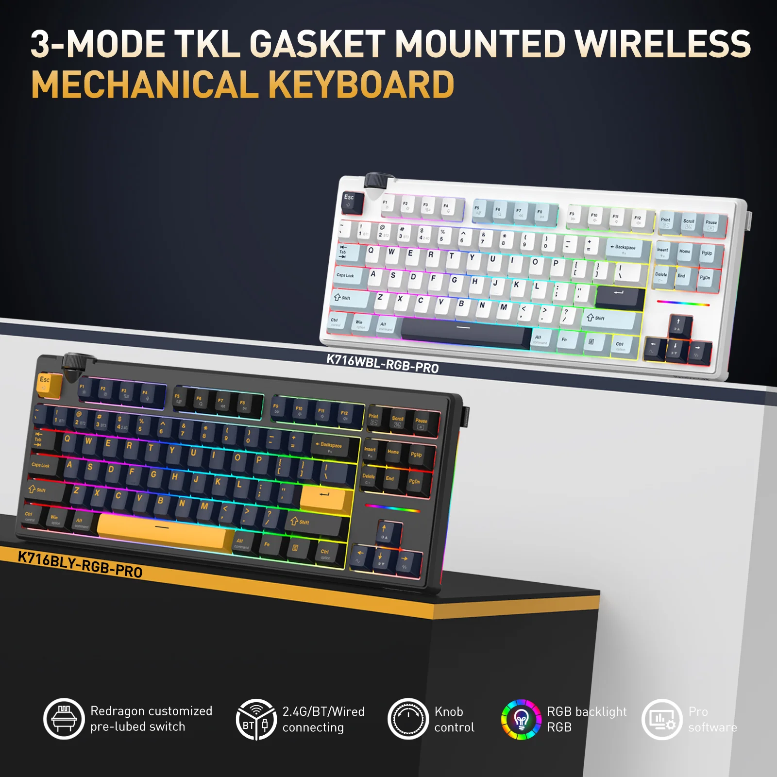 Redragon Cyclone Pro K716 RGB Hot-Swappable Gasket Mounted TKL Horizontal Knob Mechanical Keyboard (RPC Linear Switch) (White/Light Blue/Dark Blue) - Image 4