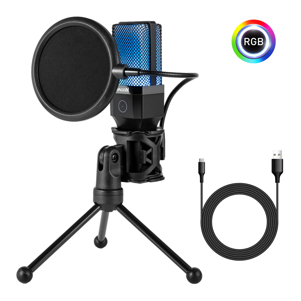 Redragon GM212 Adne RGB USB Streaming Microphone with Pop Filter Tripod (GM212) - Image 6