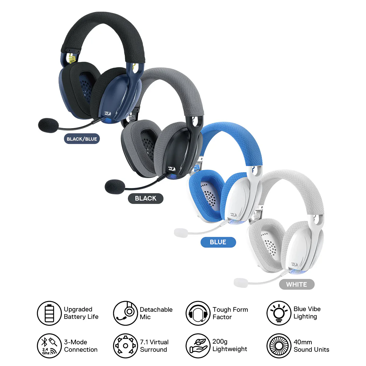 Redragon H878 Skuld Pro Lightweight Wireless Gaming Headset (Black/Blue, Black,Blue, White)