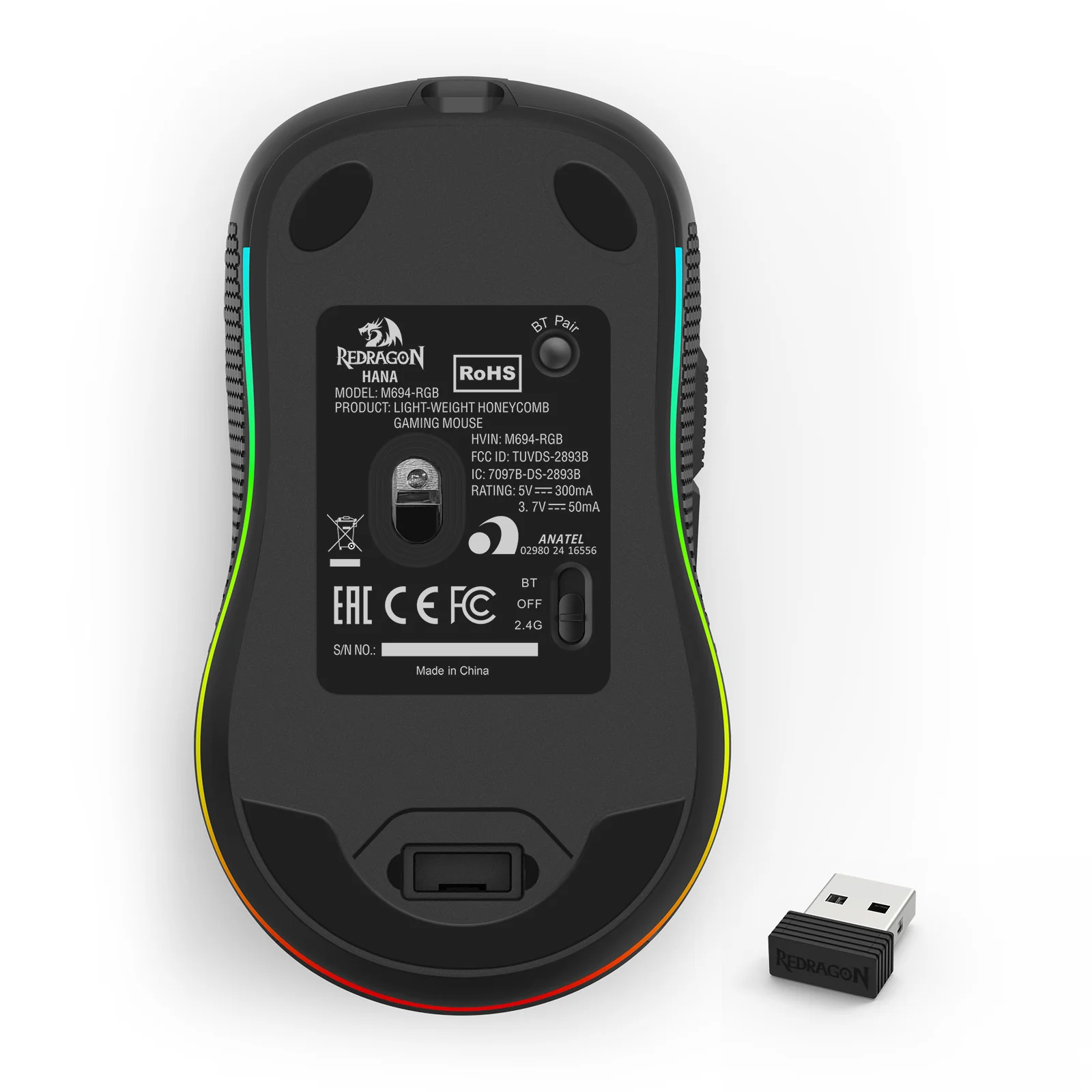 Redragon Hana M694 RGB Tri-Mode 72000DPI Lightweight Honeycomb Gaming Mouse (Black) - Image 10