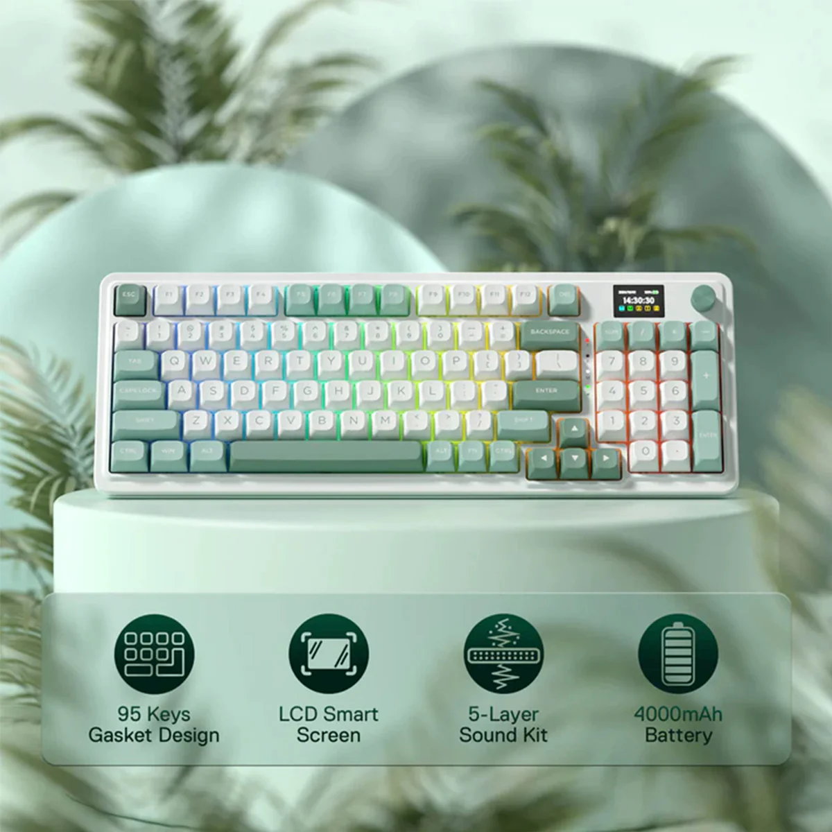 Redragon K719 Galatin Pro RGB Tri-Mode with LCD Screen Gasket Mounted Mechanical Keyboard (Linear Mint Mambo Switch) (White/Green)