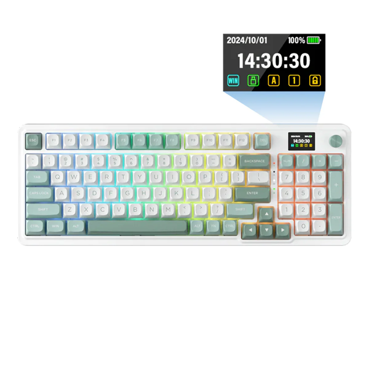 Redragon K719 Galatin Pro RGB Tri-Mode with LCD Screen Gasket Mounted Mechanical Keyboard (Linear Mint Mambo Switch) (White/Green) - Image 11