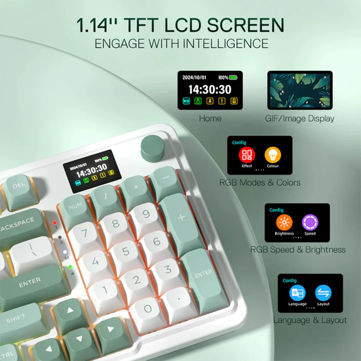 Redragon K719 Galatin Pro RGB Tri-Mode with LCD Screen Gasket Mounted Mechanical Keyboard (Linear Mint Mambo Switch) (White/Green) - Image 15
