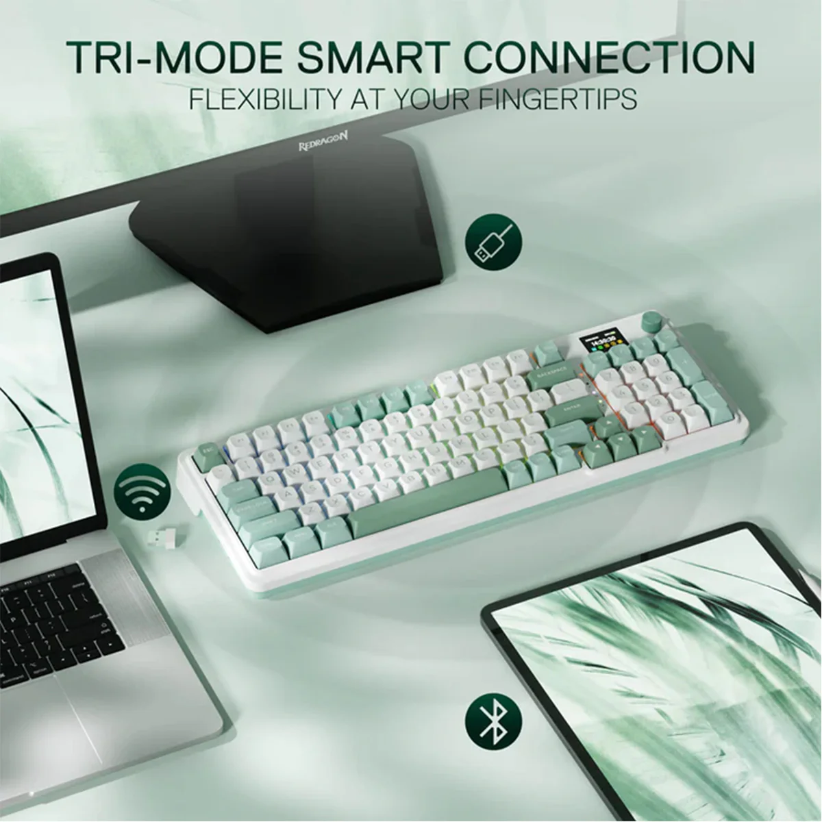 Redragon K719 Galatin Pro RGB Tri-Mode with LCD Screen Gasket Mounted Mechanical Keyboard (Linear Mint Mambo Switch) (White/Green) - Image 17