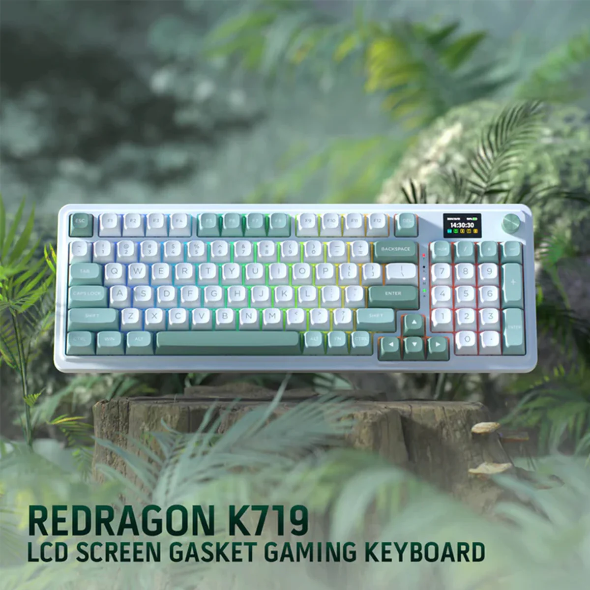Redragon K719 Galatin Pro RGB Tri-Mode with LCD Screen Gasket Mounted Mechanical Keyboard (Linear Mint Mambo Switch) (White/Green) - Image 18