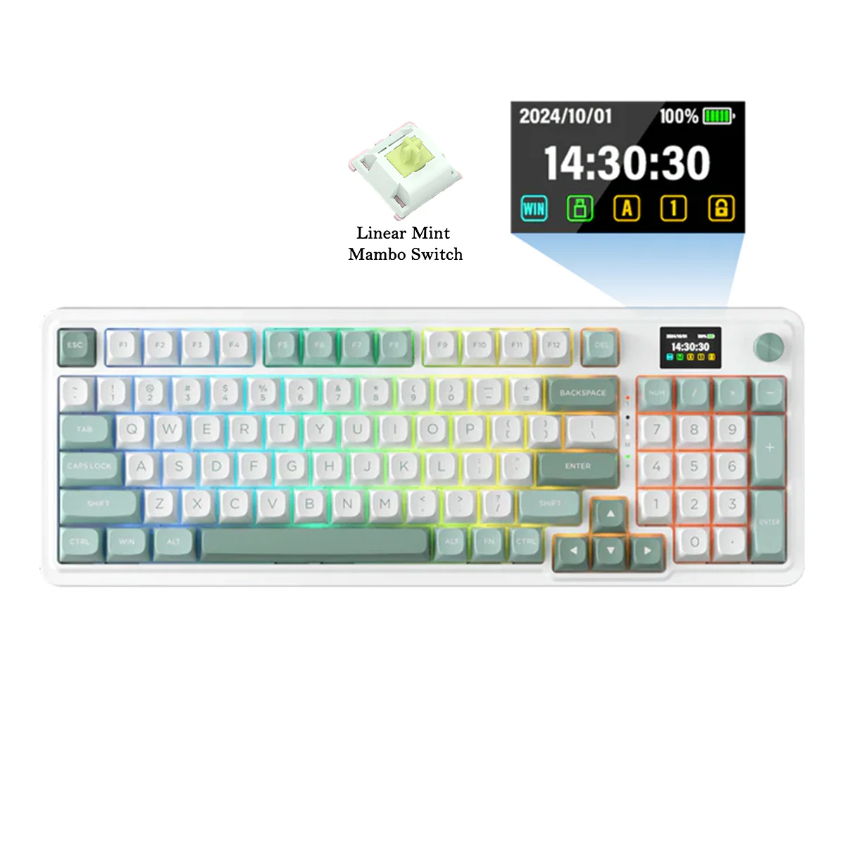 Redragon K719 Galatin Pro RGB Tri-Mode with LCD Screen Gasket Mounted Mechanical Keyboard (Linear Mint Mambo Switch) (White/Green) - Image 2