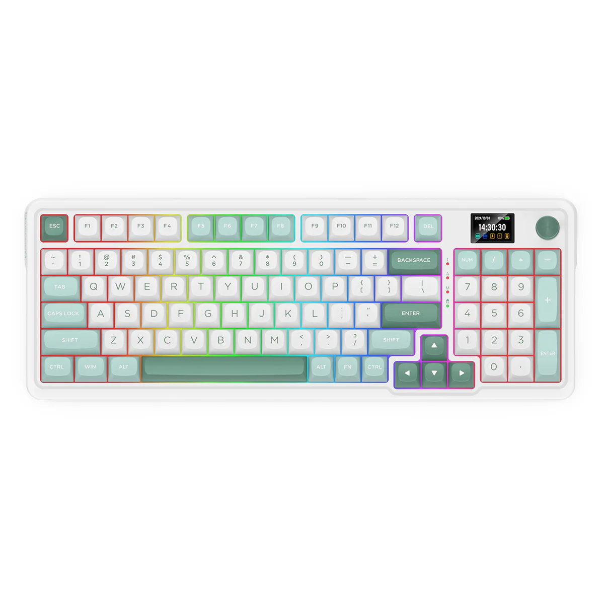 Redragon K719 Galatin Pro RGB Tri-Mode with LCD Screen Gasket Mounted Mechanical Keyboard (Linear Mint Mambo Switch) (White/Green) - Image 3