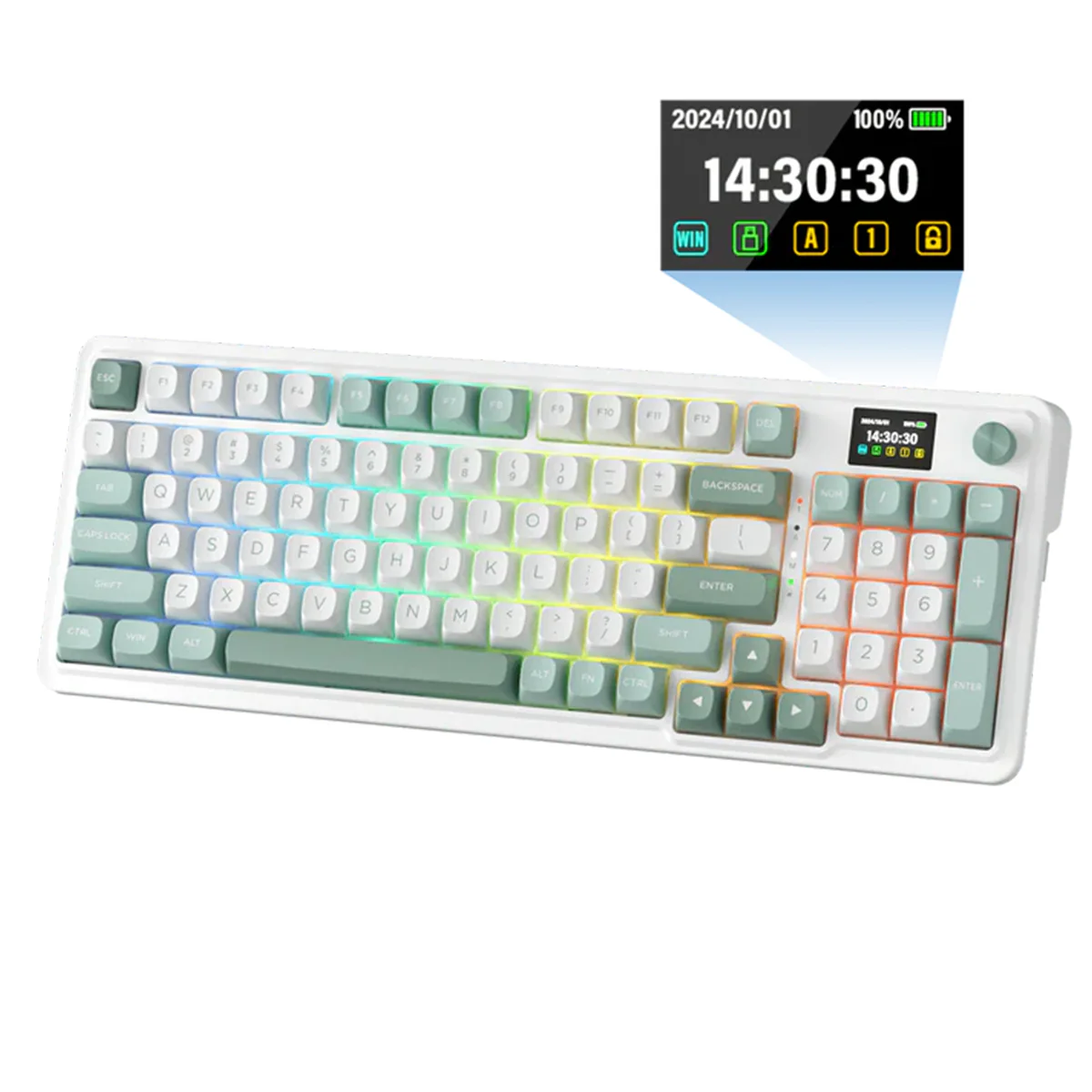 Redragon K719 Galatin Pro RGB Tri-Mode with LCD Screen Gasket Mounted Mechanical Keyboard (Linear Mint Mambo Switch) (White/Green) - Image 6