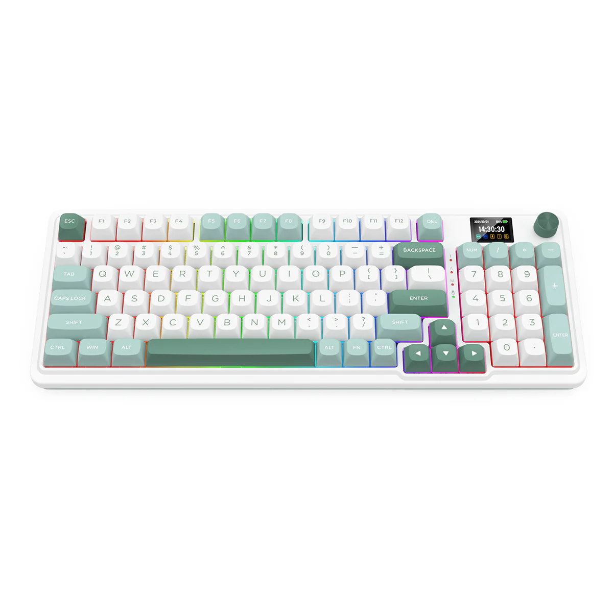 Redragon K719 Galatin Pro RGB Tri-Mode with LCD Screen Gasket Mounted Mechanical Keyboard (Linear Mint Mambo Switch) (White/Green) - Image 9