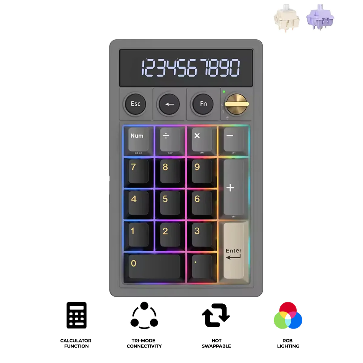Royal Kludge M20 Tri-Mode RGB 2-in-1 Numeric KeyPad & Calculator Phantom (Cream Switch, Violet Switch)