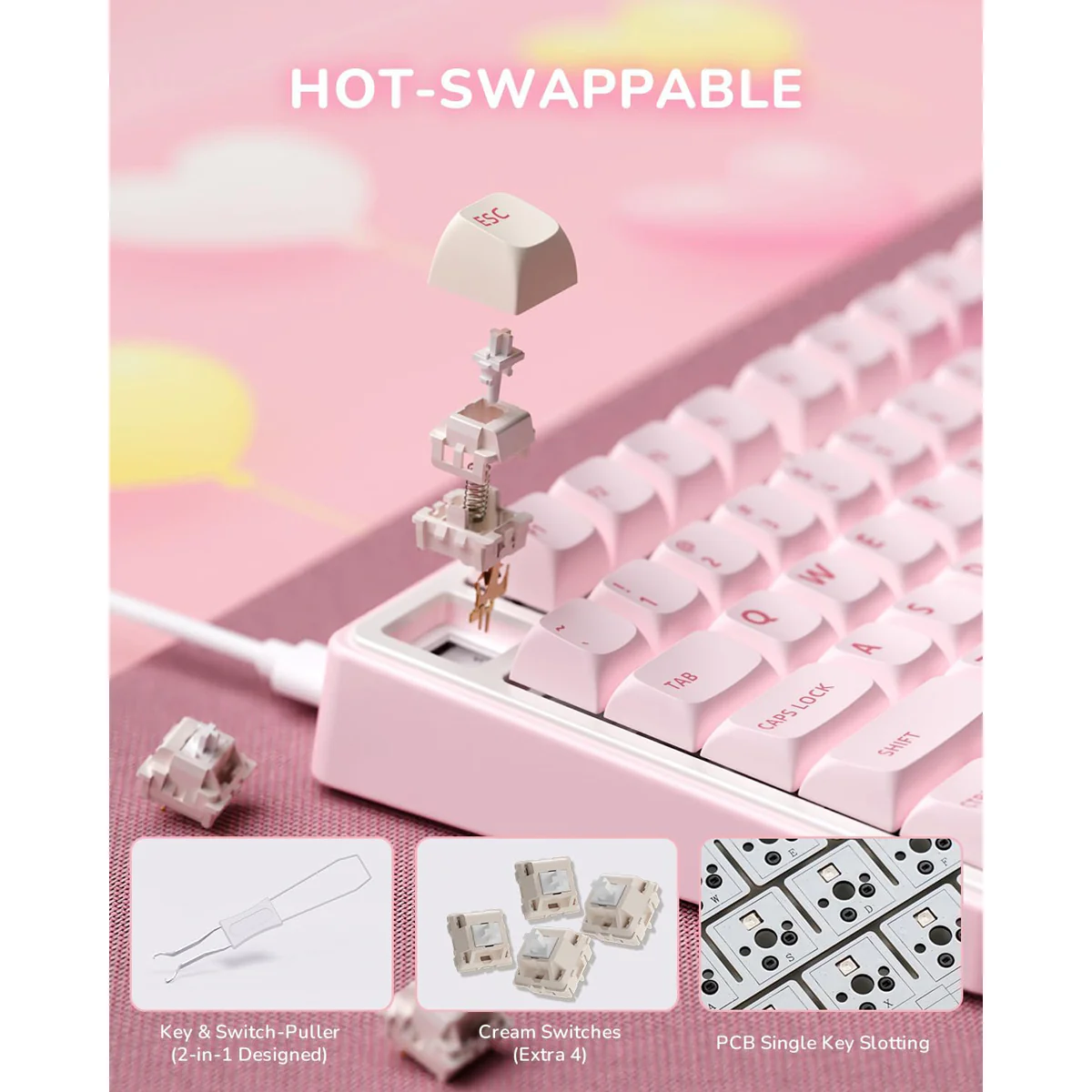 Royal Kludge R75 QMK Single-Mode RGB 81 Keys Hot-Swappable Mechanical Keyboard Pink Melody (Cream, Beige Switch) - Image 10