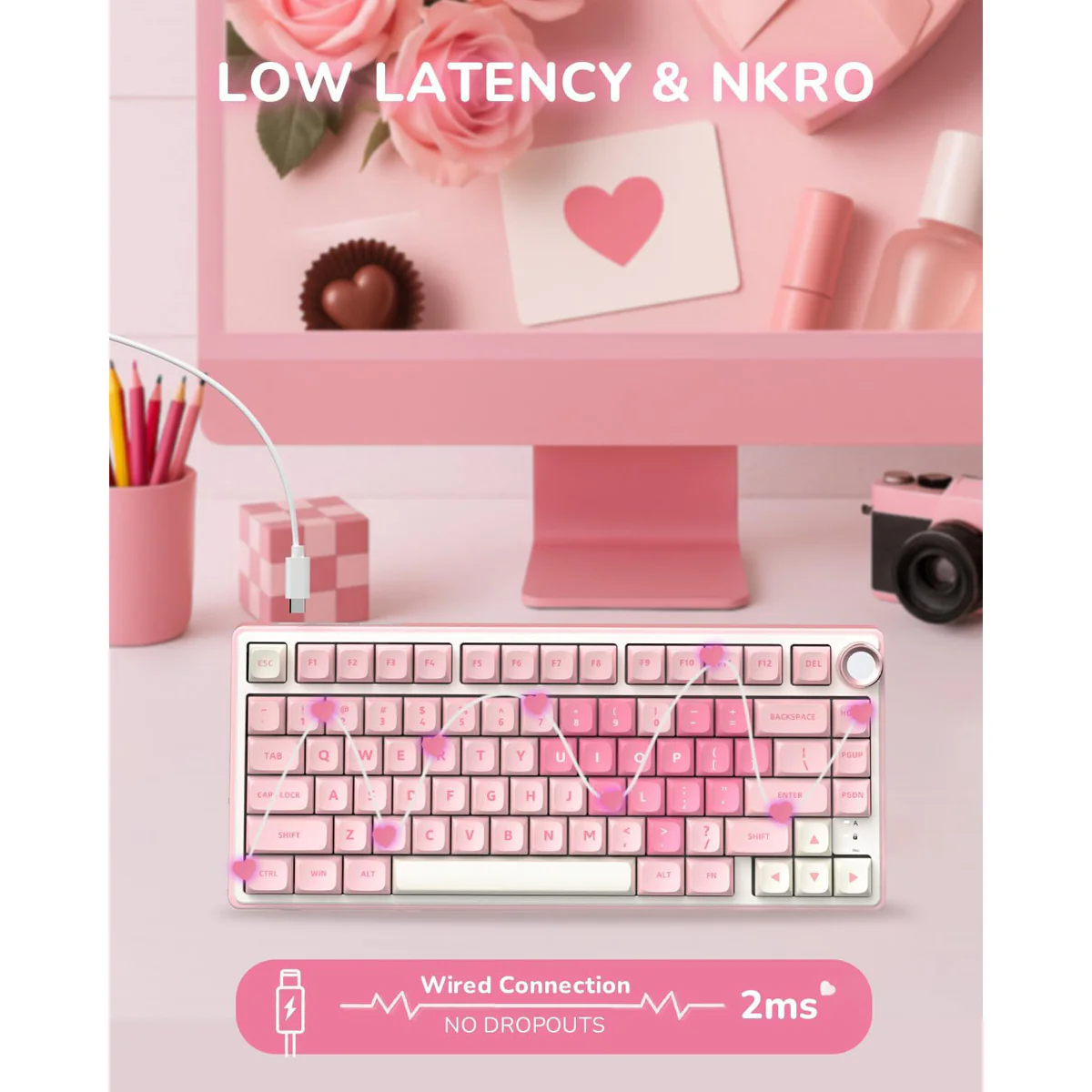 Royal Kludge R75 QMK Single-Mode RGB 81 Keys Hot-Swappable Mechanical Keyboard Pink Melody (Cream, Beige Switch) - Image 11