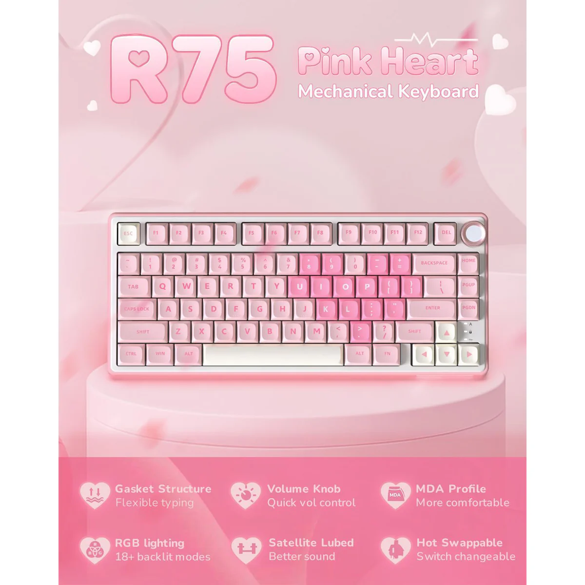Royal Kludge R75 QMK Single-Mode RGB 81 Keys Hot-Swappable Mechanical Keyboard Pink Melody (Cream, Beige Switch) - Image 5