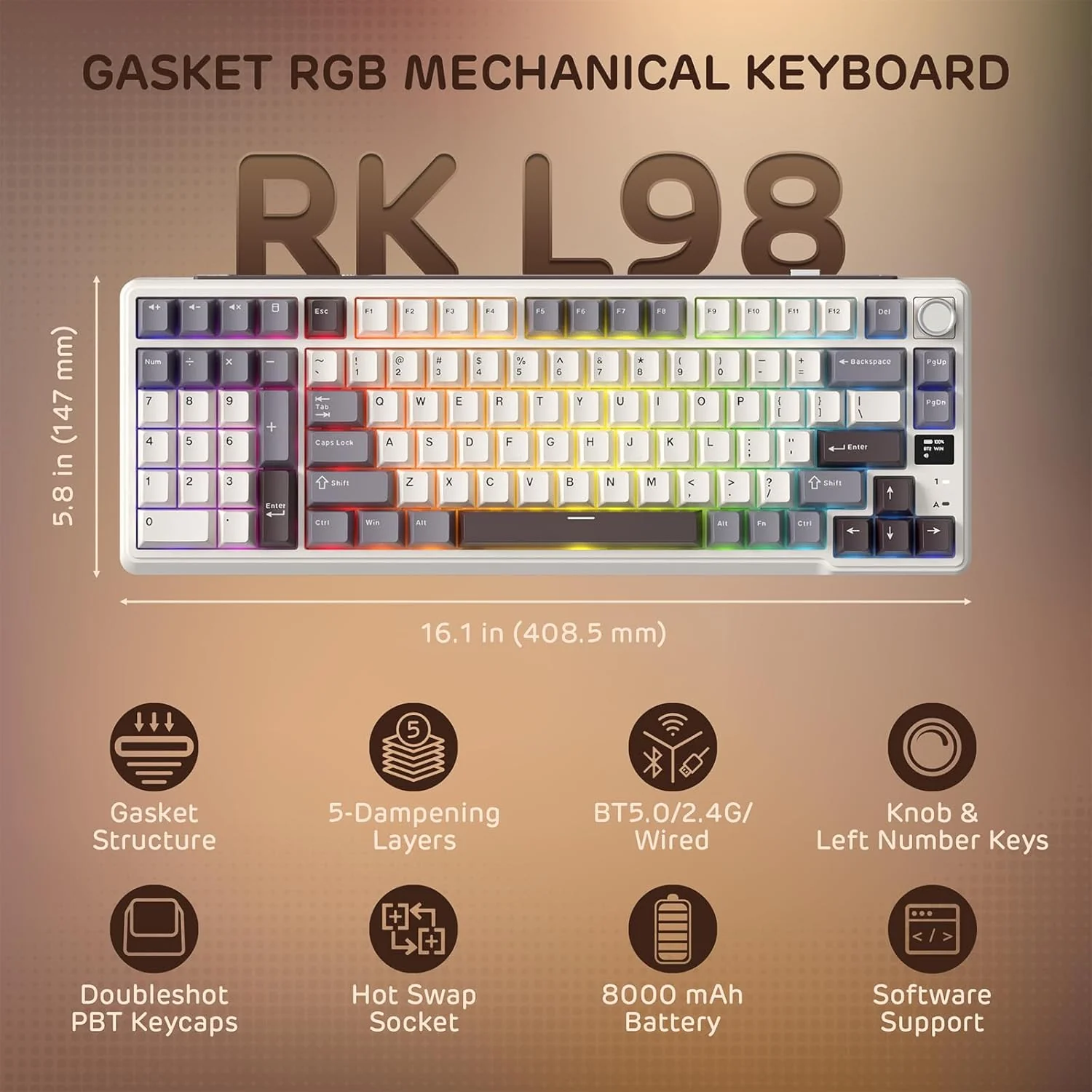 Royal Kludge RK-L98 Tri-Mode RGB 101 Keys Hot Swappable Mechanical Keyboard Sandalwood Brown (Cream Switch) - Image 4
