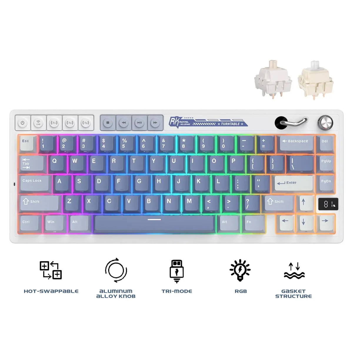 Royal Kludge RK M65 Tri-Mode RGB 66 Keys Hot-Swappable Mechanical Keyboard Ocean Blue (Cream Switch, Beige Switch)