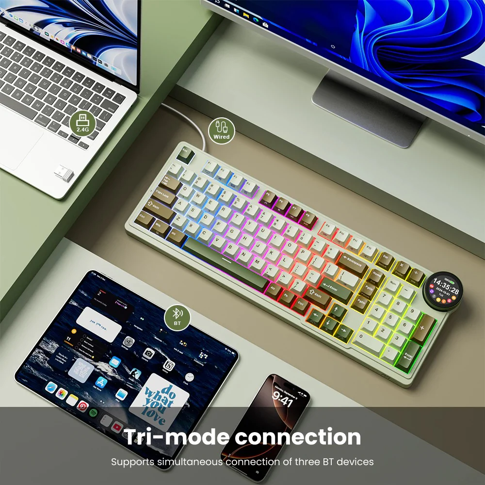Royal Kludge RK-N99 Tri-Mode RGB 98 Keys Hot Swappable Mechanical Keyboard Palm Green (Beige, Cream, Violet Switch) - Image 7