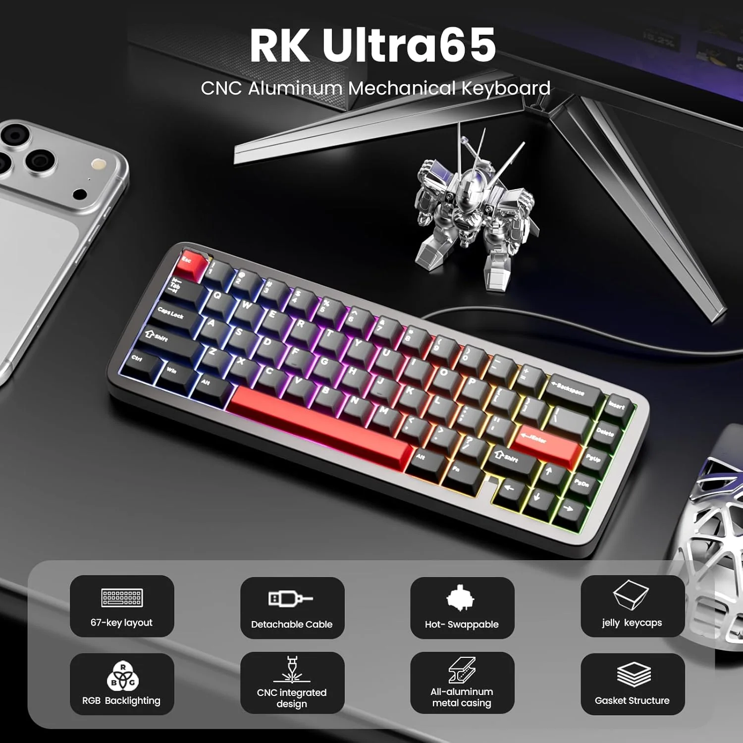 Royal Kludge RK Ultra65 Single-Mode RGB 67 Keys Hot-Swappable Mechanical Keyboard Patina Grey (Cream Switch) - Image 3