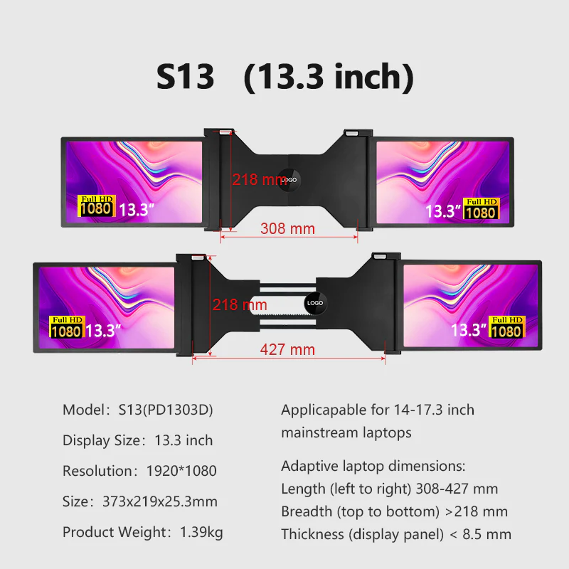 S13 13" FHD (1920x1080) IPS HDR Portable Dual Screen Monitor for Notebook Laptop + Sleeve - Image 17