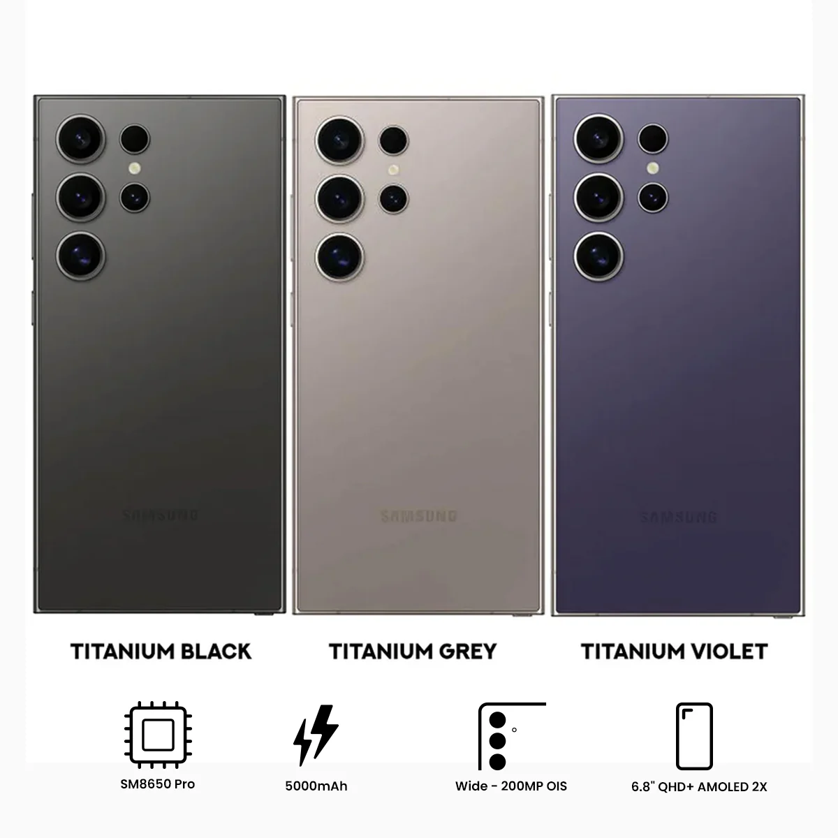 Samsung Galaxy S24 Ultra SM-S928B/DS | 512GB +12GB RAM | 5G/4G/3G/2G + Wi-Fi + Bluetooth | 6.8" QHD+ (3120X1440) Dynamic Amoled 2X | Android 14 | Qualcomm Snapdragon8 GEN3 | 200MP + 12MP | 5000mAh (Titanium Gray, Titanium Black, Titanium Violet)