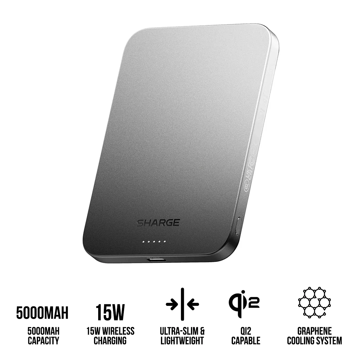 Sharge AeroMag 5K Qi2 Magnetic Ultra-Slim & Lightweight Power Bank w/ Graphene Cooling 5000mAh 15W (Black) (M4)