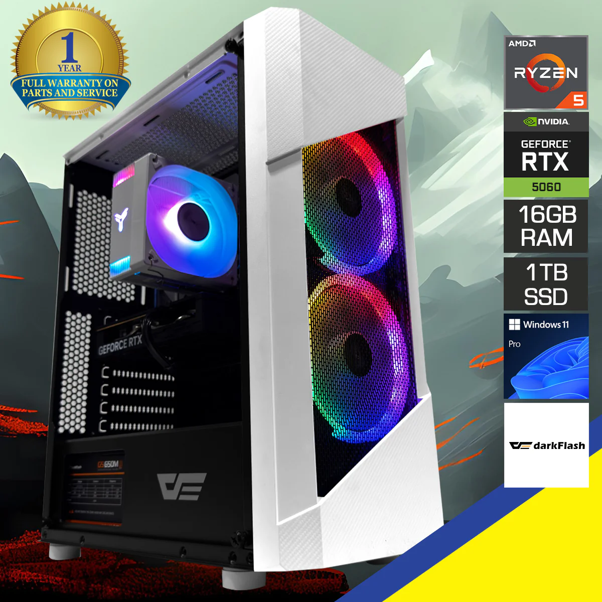 Sigma Pollux White Desktop Gaming PC | AMD Ryzen 5 7500F | 16GB (2x8GB) RAM | 1TB SSD | RTX 5060 | Windows 11 Pro