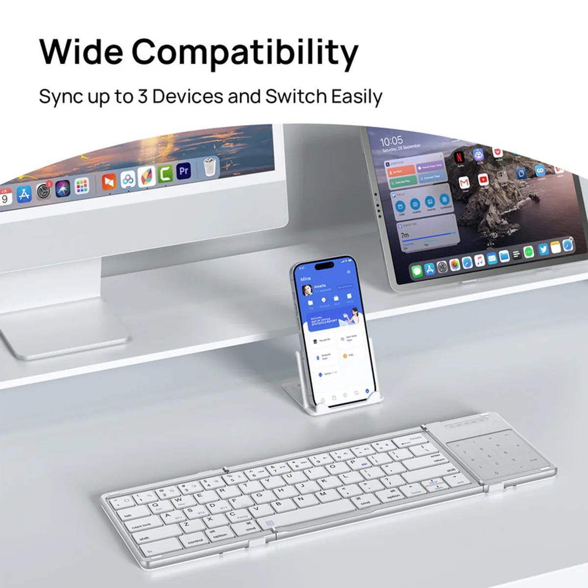 SODI B077T 65 Keys Wireless Foldable Keyboard with Touchpad (Silver) - Image 5