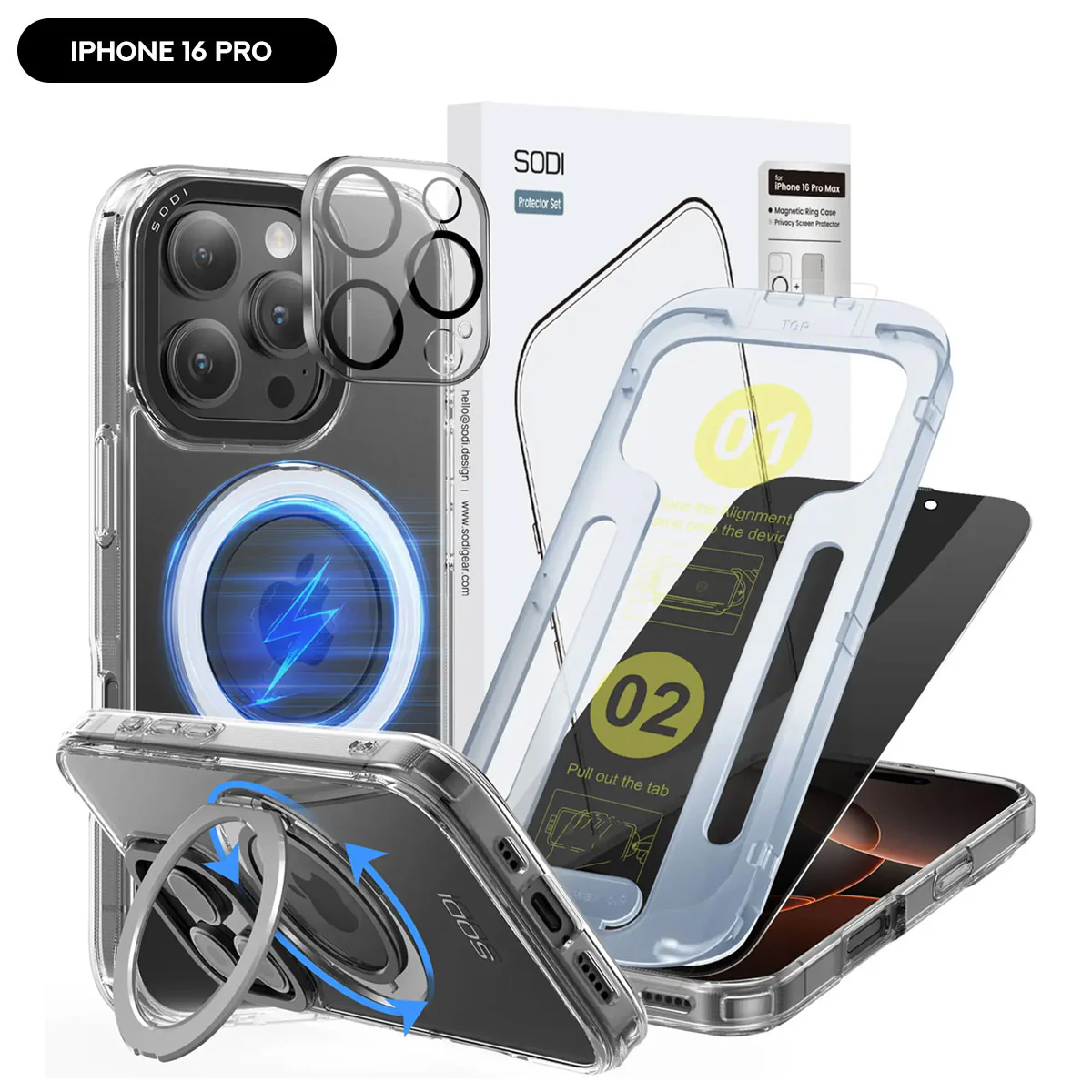 SODI CS03 Magnetic Ring Case w/ 1x Privacy Screen Protector and 1x Camera Lens Protector for iPhone 16 (iPhone 16 Pro, iPhone 16 Pro Max) - Image 2