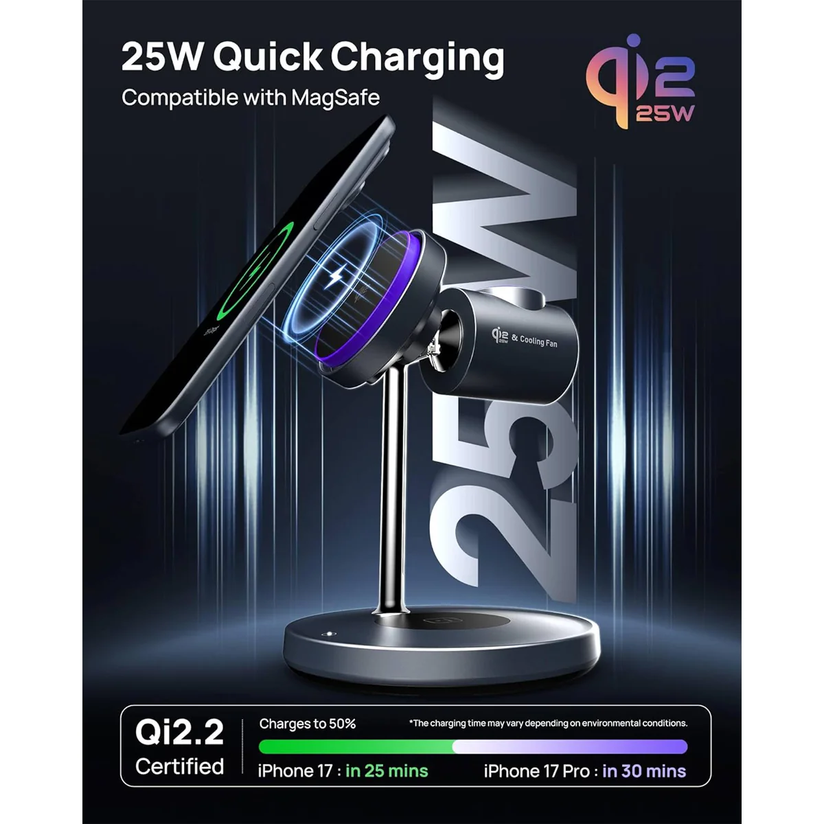SODI T13W Qi2 25W 3-in-1 Wireless Charger with Silent Cooling Fan for iPhone, Watch & Earbuds (Grey) - Image 2