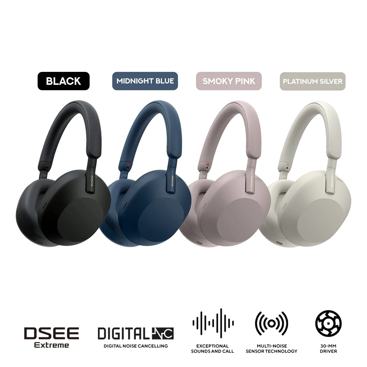 Sony WH-1000XM5 Wireless Noise-Canceling Stereo Headset (Black, Midnight Blue, Smoky Pink, Platinum Silver)