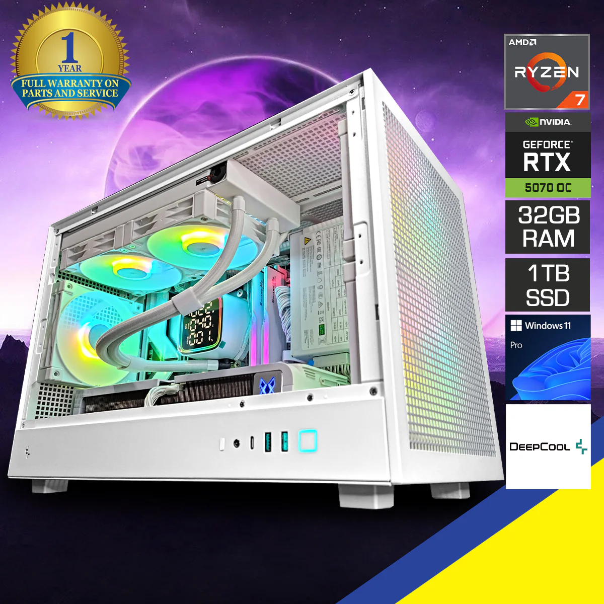 Sophos CH260 White Desktop Gaming PC | AMD Ryzen 7 7700X | 32GB RAM | 1TB SSD with WiFi + Bluetooth | GeForce RTX 5070 OC | Windows 11 Pro