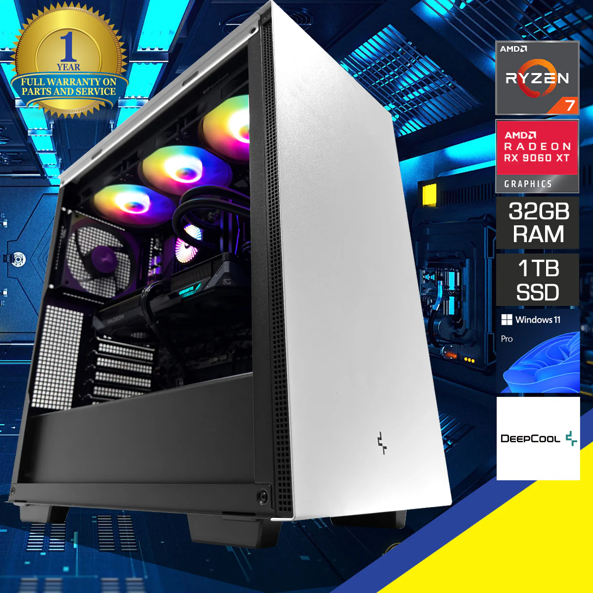 Sophos CH510 White Desktop Gaming PC | AMD Ryzen 7 7700X | 32GB(2x16GB) RAM | 1TB SSD | RX 9060 XT | Windows 11 Pro
