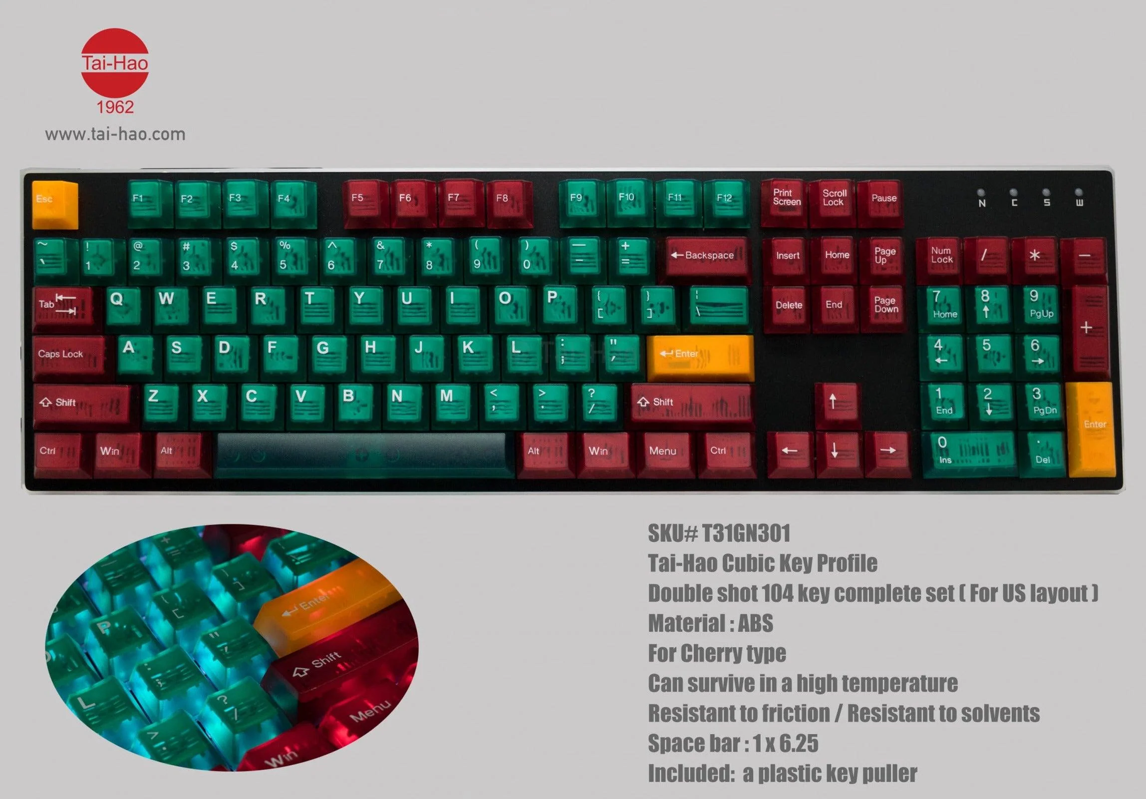 Taihao Double Shot ABS-CUBIC Backlit Keycaps Set For Cherry MX Switch (104-KEYS) (ORZ II - Green) (T31GN301) - Image 6
